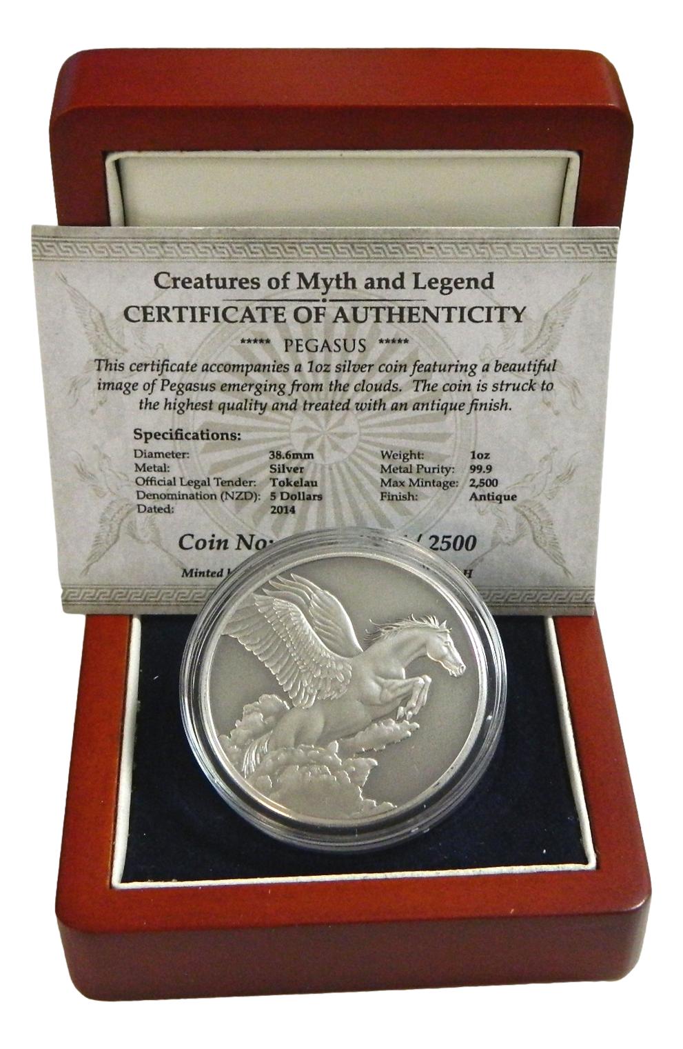 2014 - TOKELAU - 5 DOLLARS - ONZA PLATA - PEGASO - ANTIQUE FINISH