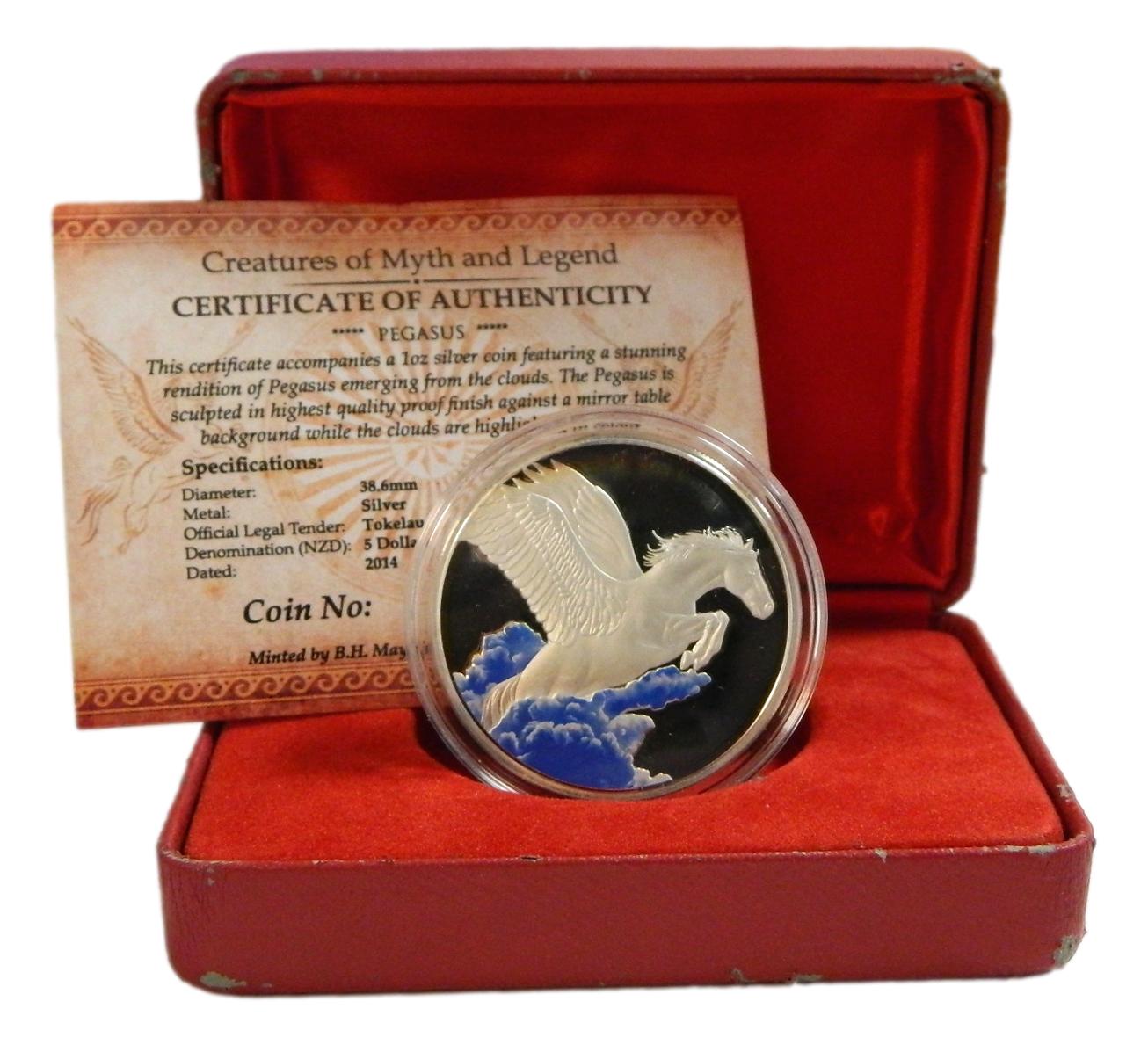 2014 - TOKELAU - 5 DOLLARS - ONZA PLATA - PEGASO - PLATA PROOF COLOR
