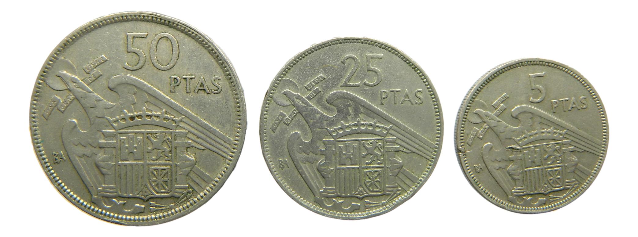 1957 - ESPAÑA - SERIE BA - 50, 25 Y 5 PESETAS - FRANCO - BC