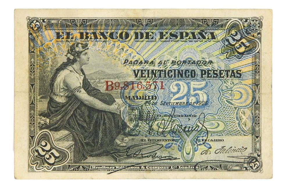 1906 - ESPAÑA - BILLETE - 25 PESETAS - BC+