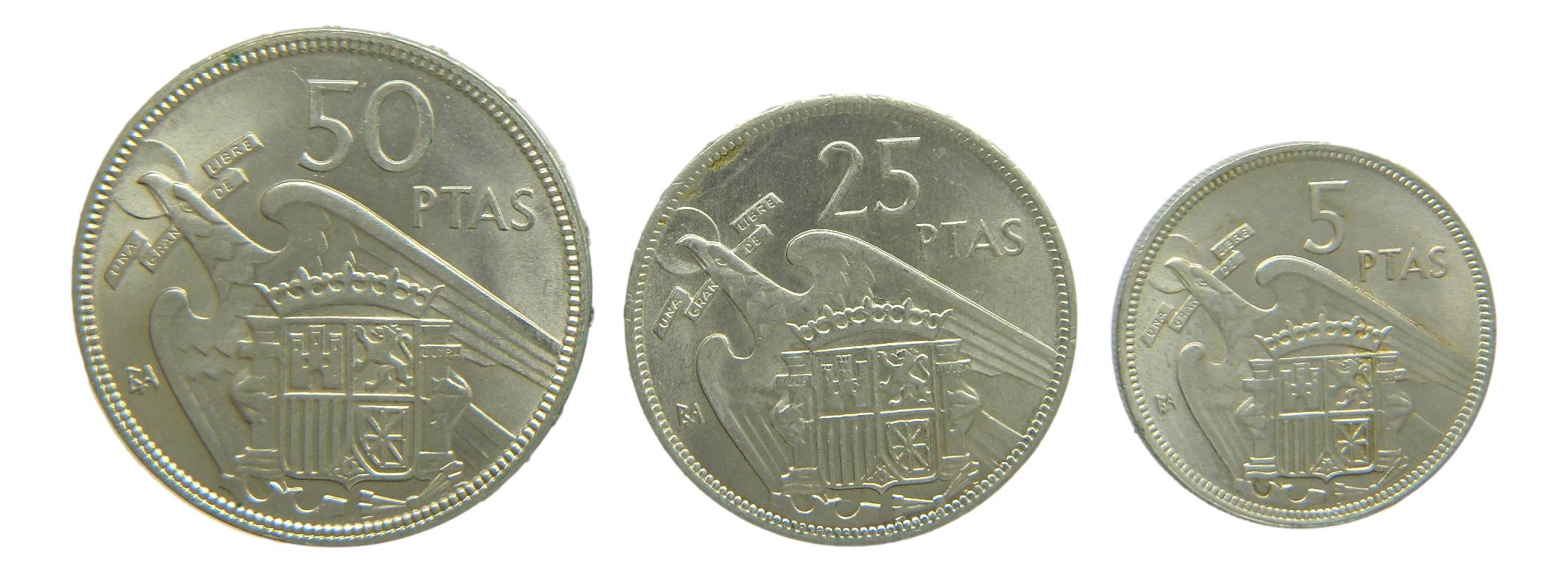 1957 - ESPAÑA - SERIE BA - 50, 25 Y 5 PESETAS - FRANCO - EBC