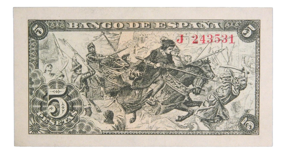 1945 - ESPAÑA - BILLETE - 5 PESETAS - SERIE J - SC