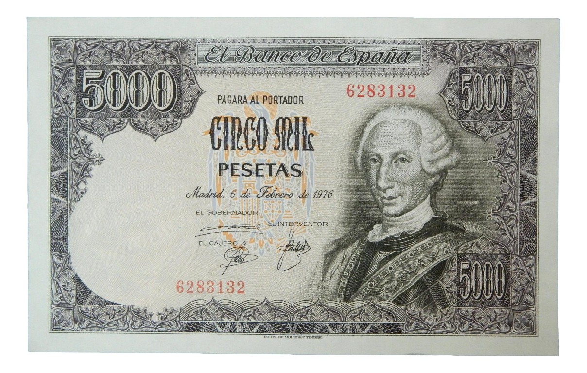 1976 - ESPAÑA - BILLETE - 5000 PESETAS - CARLOS III - MBC