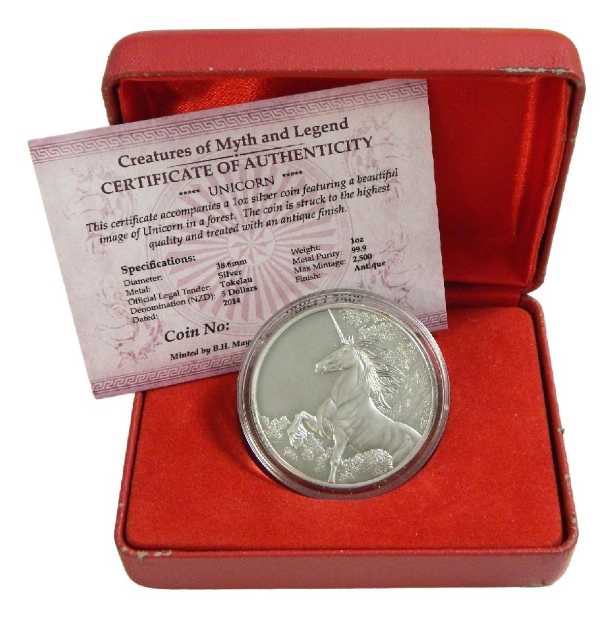 2014 - TOKELAU - 5 DOLLARS - ONZA PLATA - UNICORNIO - ANTIQUE FINISH