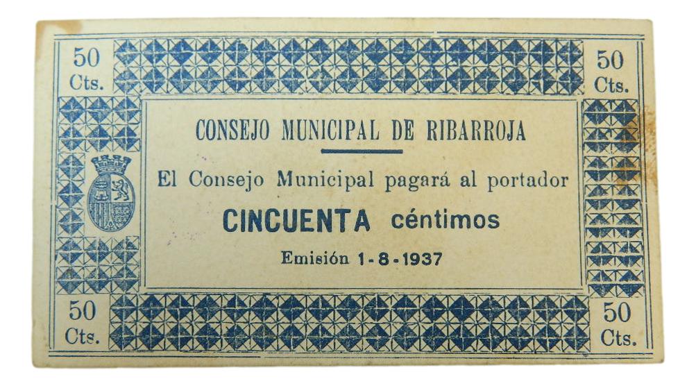 RIBARROJA - BILLETE - 50 CENTIMOS - AGB 1235 B - 1 AGOSTO 1937 - EBC+