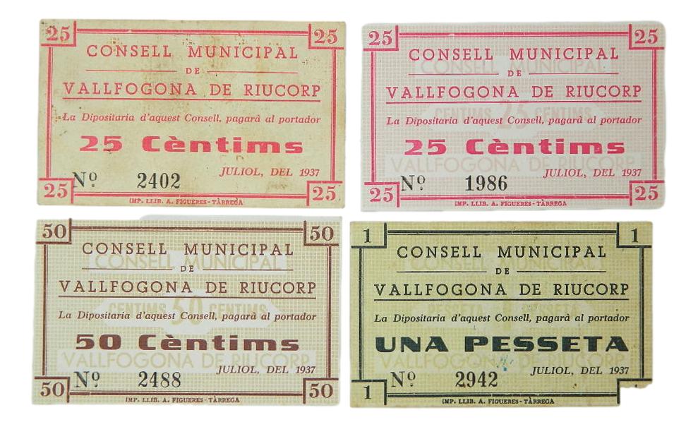 1937 - ESPAÑA - SERIE 4 BILLETES - VALLFOGONA DE RIUCORP