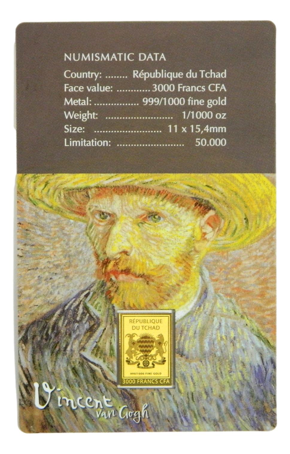 AUTORETRATO - VINCENT VAN GOGH - MONEDA DE ORO FINO - 1/1000 OZ - 3000 FRANCS CFA - TCHAD - COINCARD
