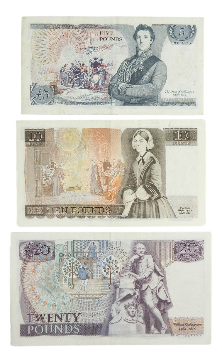ENGLAND - SERIE 3 BILLETES - 20, 10 Y 5 POUNDS - MBC