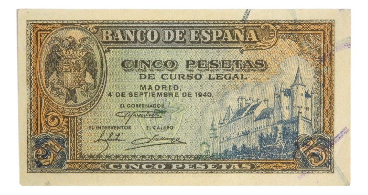 1940 - ESPAÑA - BILLETE - 5 PESETAS - ALCAZAR DE SEGOVIA  - MBC