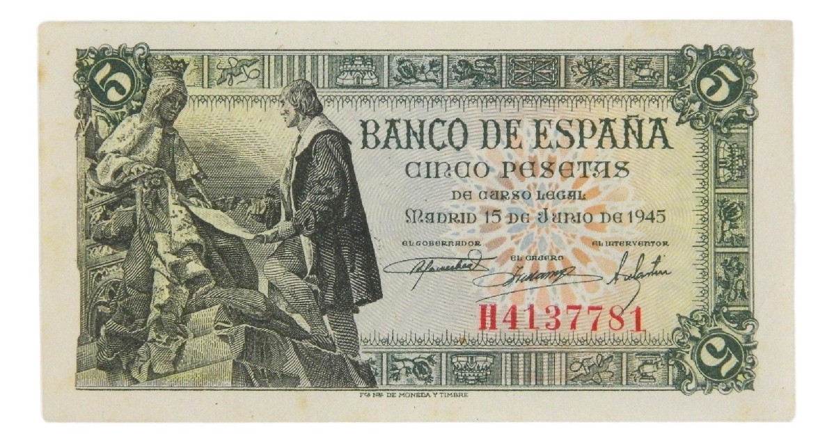 1945 - ESPAÑA - BILLETE - 5 PESETAS - CAPITULACIONES DE SANTA FE - BC