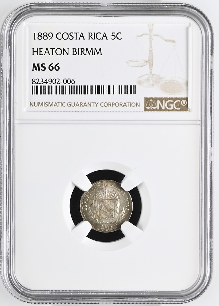1889 - COSTA RICA - 5 CENTAVOS - HEATON BIRMM  - NGC MS 66