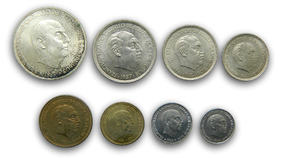 1957 *71 - ESPAÑA - TIRA OFICIAL FNMT 8 VALORES - FRANCO - MONEDAS 