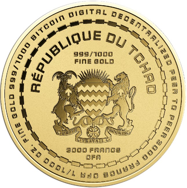 BITCOIN - MONEDA DE ORO FINO - 1/1000 OZ - 3000 FRANCS CFA - TCHAD - ESTUCHE