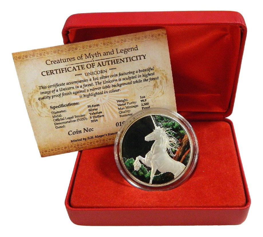 2014 - TOKELAU - 5 DOLLARS - ONZA PLATA PROOF - UNICORNIO - BOSQUE - COLOR