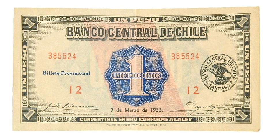 1933 - CHILE - BILLETE - 1 PESO - SANTIAGO - MBC+