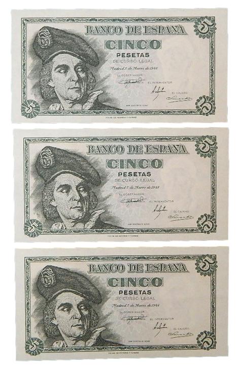 1948 - ESPAÑA - SERIE 3 BILLETES - 5 PESETAS - ELCANO - SC