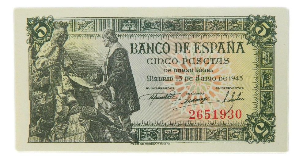 1945 - ESPAÑA - BILLETE - 5 PESETAS - CAPITULACIONES DE SANTA FE - EBC