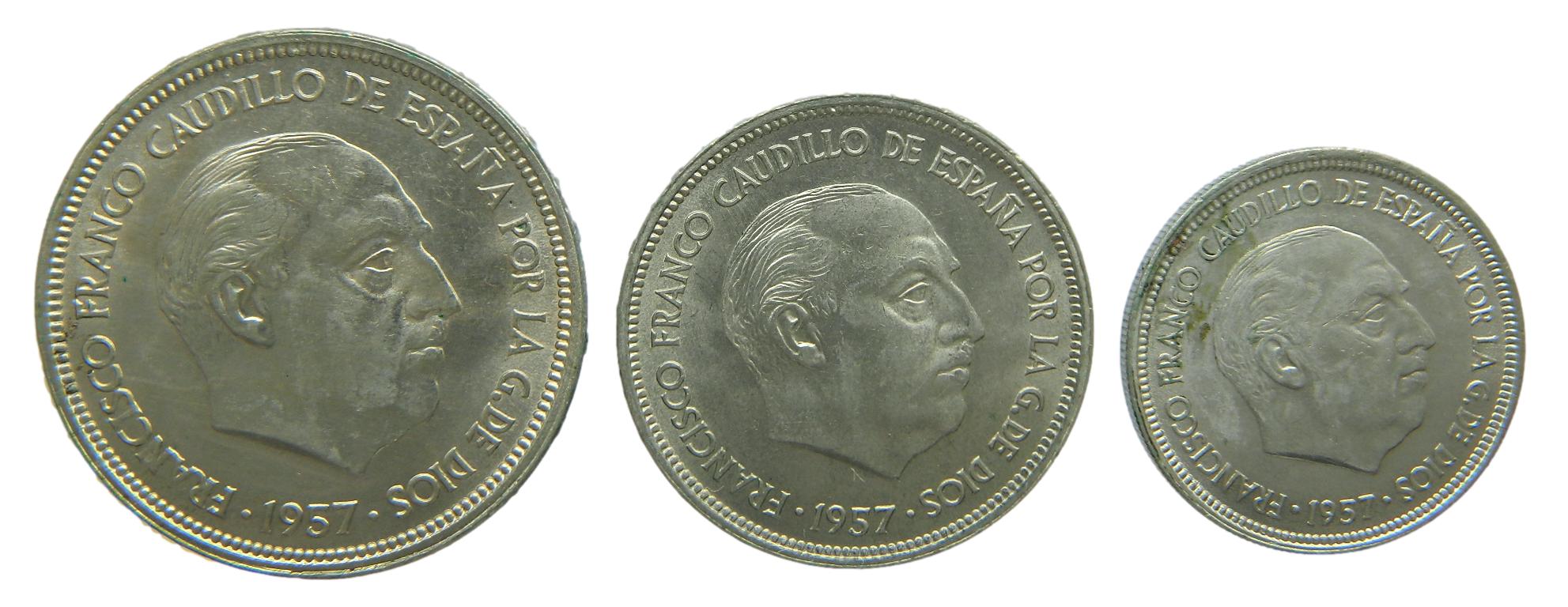1957 - ESPAÑA - SERIE BA - 50, 25 Y 5 PESETAS - FRANCO - EBC