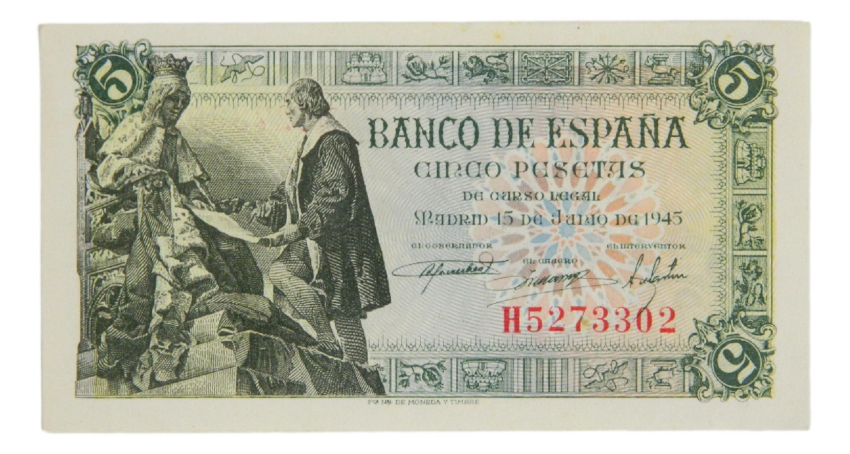 1945 - ESPAÑA - BILLETE - 5 PESETAS - CAPITULACIONES DE SANTA FE - EBC