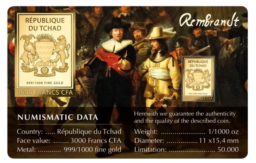 LA RONDA DE NOCHE - REMBRANDT - MONEDA DE ORO FINO - 1/1000 OZ - 3000 FRANCS CFA - TCHAD - COINCARD