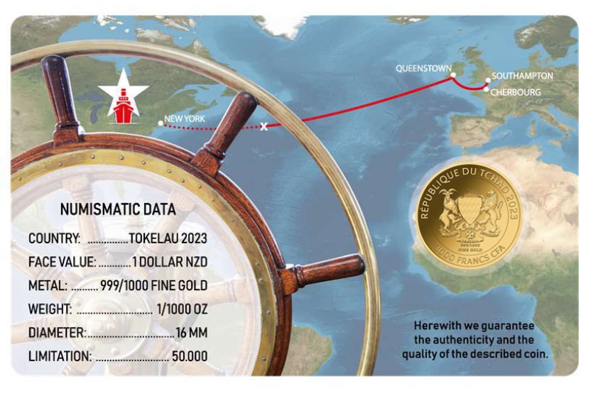 TITANIC -  MONEDA DE ORO FINO - 1/1000 OZ - 3000 FRANCS CFA - TCHAD - COINCARD