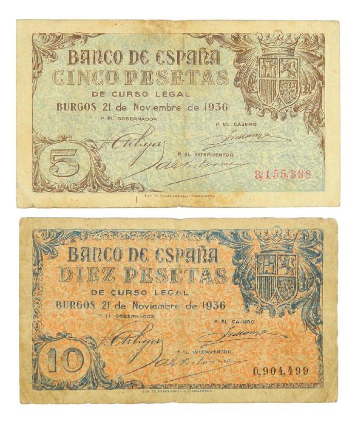 1936 - ESPAÑA - PAREJA BILLETES - 5 Y 10 PESETAS - BURGOS - BC