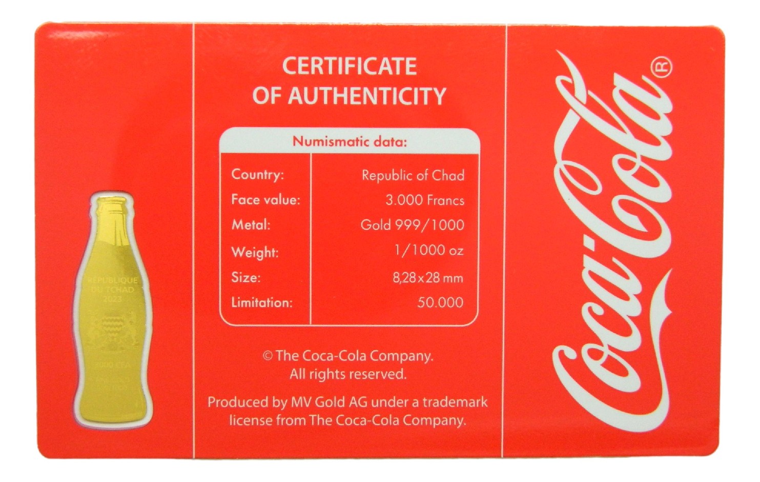COCA COLA BOTELLA - MONEDA DE ORO FINO - 1/1000 OZ - 3000 FRANCS CFA - TCHAD - COINCARD
