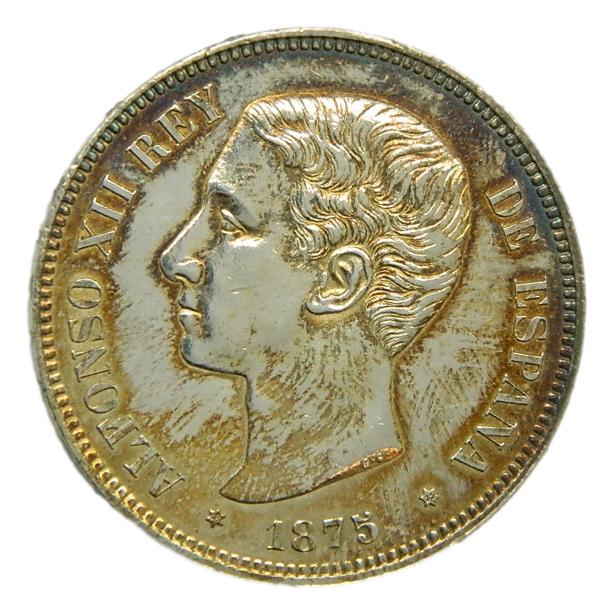 1875 *18-75 - ALFONSO XII - 5 PESETAS - DEM- EBC