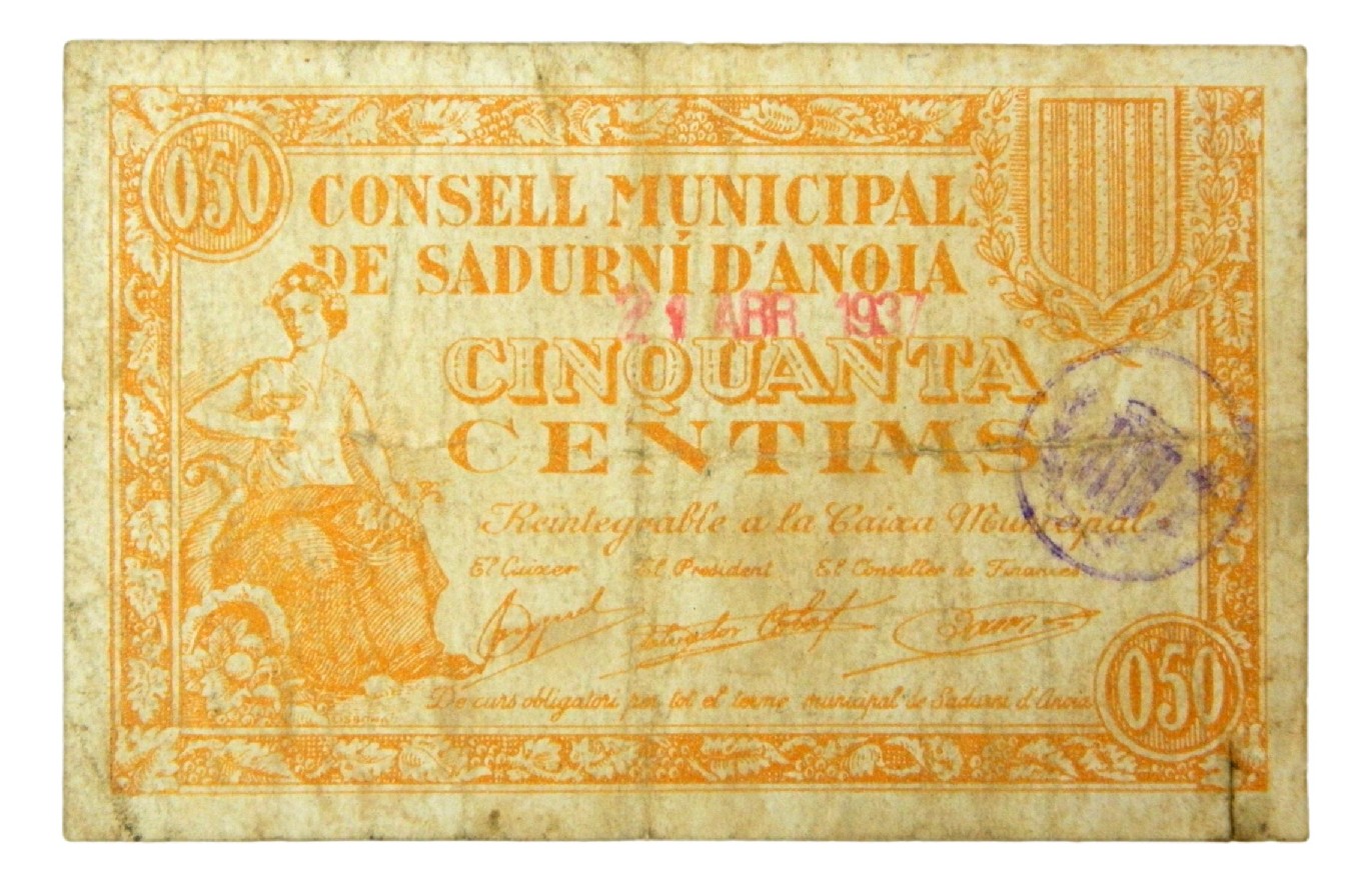 Consell Municipal de Sadurní D´Anoia, 50 cts. 21 Abril 1937 - AT-2242 - BC