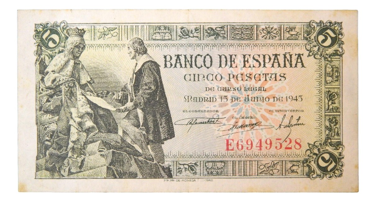 1945 - ESPAÑA - BILLETE - 5 PESETAS - CAPITULACIONES DE SANTA FE - BC