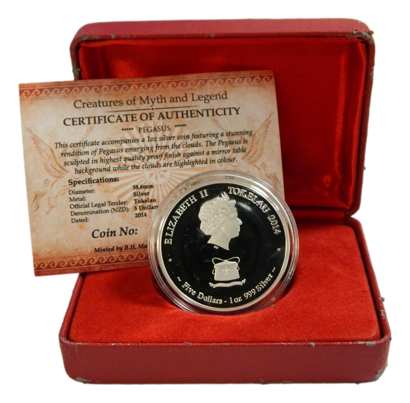 2014 - TOKELAU - 5 DOLLARS - ONZA PLATA - PEGASO - PLATA PROOF COLOR
