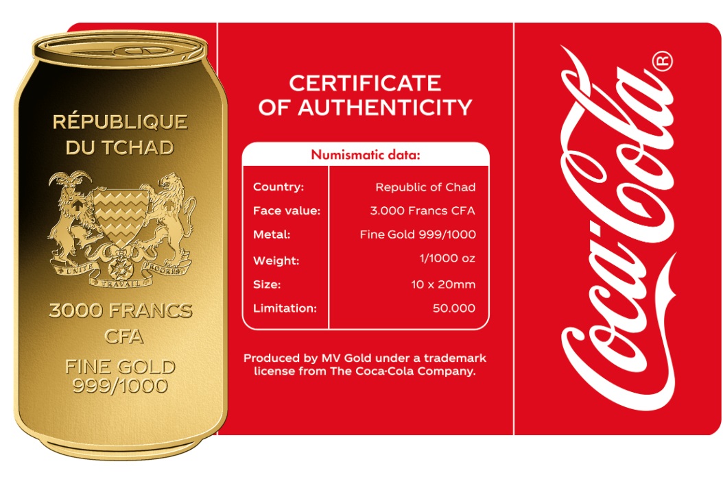 COCA COLA LATA -  MONEDA DE ORO FINO - 1/1000 OZ - 3000 FRANCS CFA - TCHAD - COINCARD