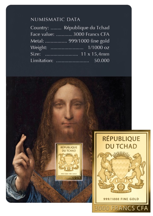 SALVATOR MUNDI - LEONARDO DA VINCI -  MONEDA DE ORO FINO - 1/1000 OZ - 3000 FRANCS CFA - TCHAD - COINCARD