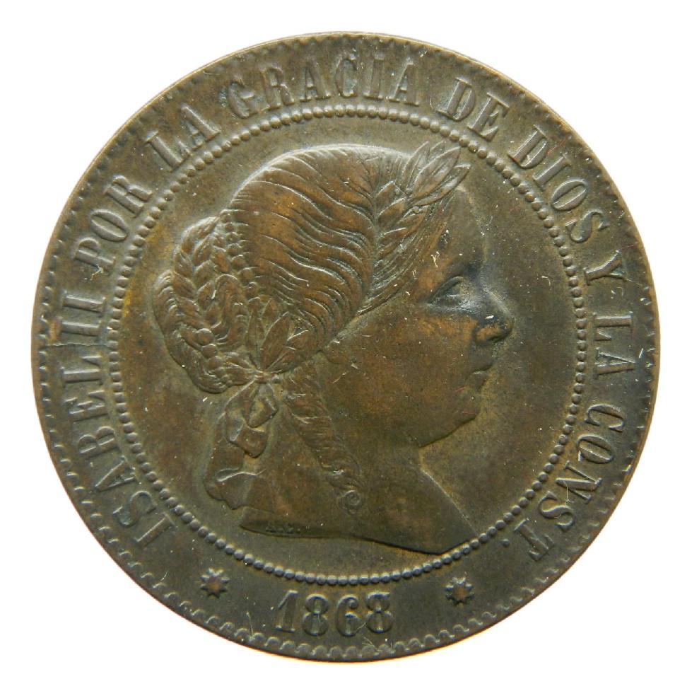 1868 OM - ISABEL II - 5 CENTIMOS DE ESCUDO - BARCELONA