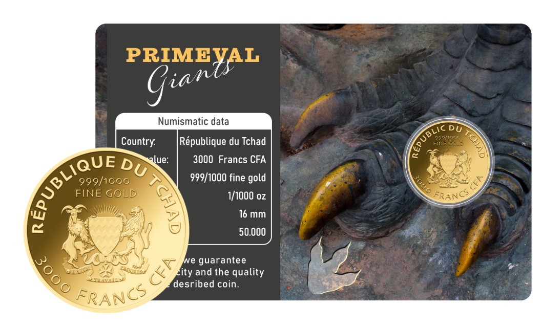 TYRANNOSAURUS REX - MONEDA DE ORO 999/1000 - 3000 FRANCS CFA - COINCARD