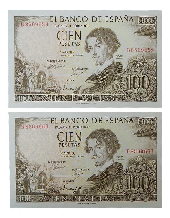1965 - ESPAÑA - PAREJA BILLETES - 100 PESETAS - BECQUER - SC-