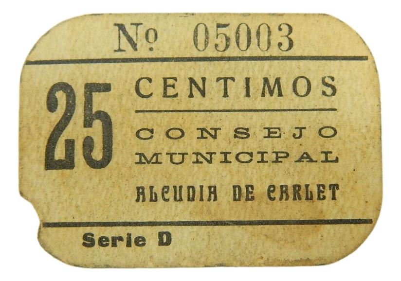 ALCUDIA DE CARLET - BILLETE - 25 CENTIMOS - AGB 94 A - EBC+