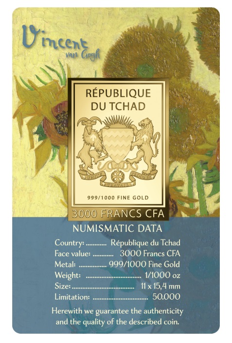 GIRASOLES - VINCENT VAN GOGH -  MONEDA DE ORO FINO - 1/1000 OZ - 3000 FRANCS CFA - TCHAD - COINCARD