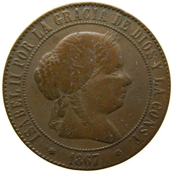 1867 OM - ISABEL II - 5 CENTIMOS DE ESCUDO - SEVILLA - MBC - S13/768
