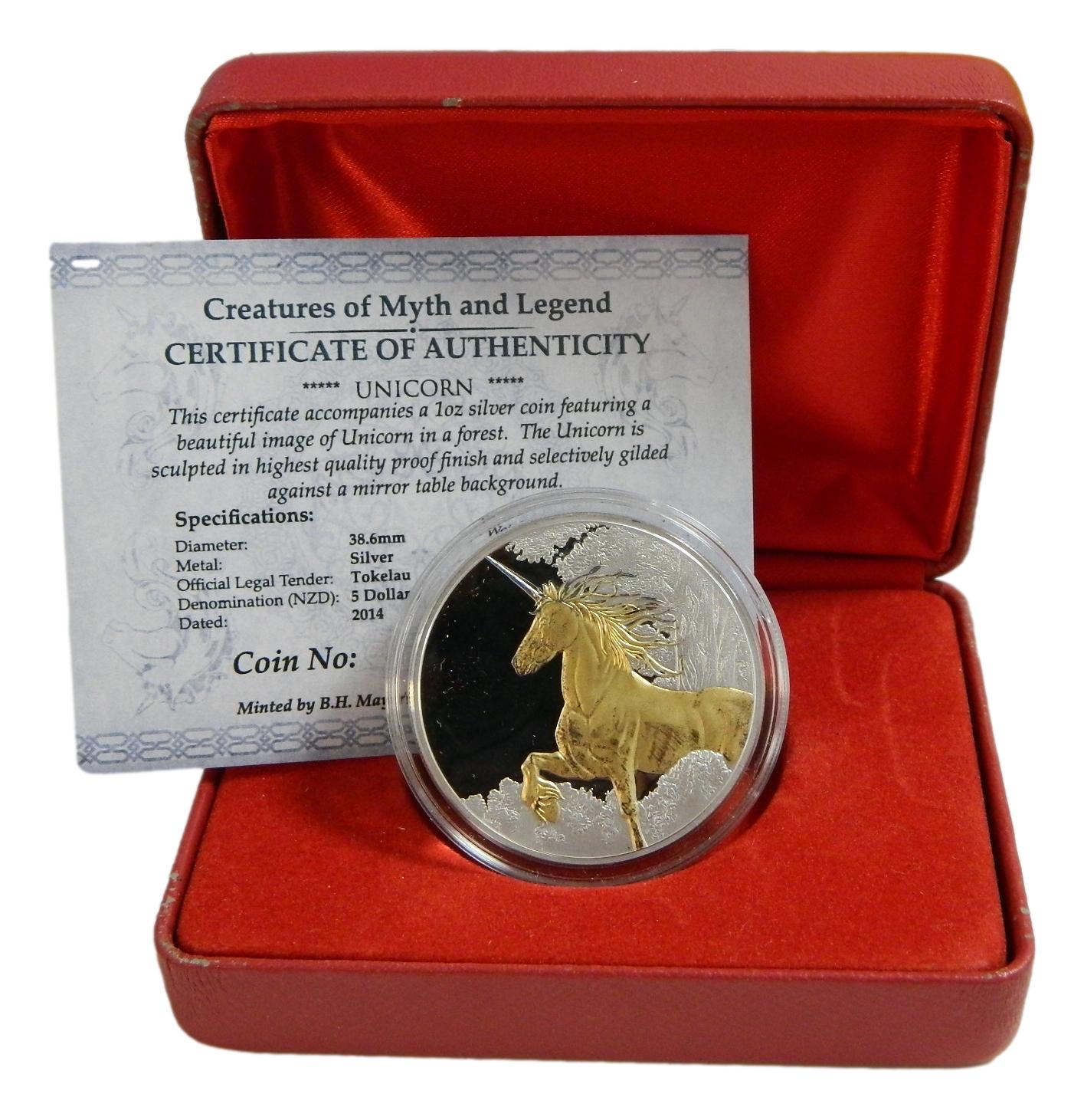 2014 - TOKELAU - 5 DOLLARS - ONZA PLATA - UNICORNIO - SILUETA DORADA