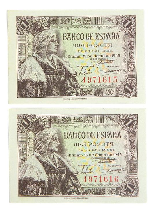 1945 - ESPAÑA - PAREJA BILLETES - 1 PESETA - SIN SERIE - EBC+
