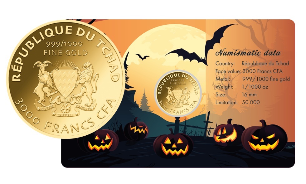 HAPPY HALLOWEEN - MONEDA DE ORO 999/1000 - 3000 FRANCS CFA - COINCARD