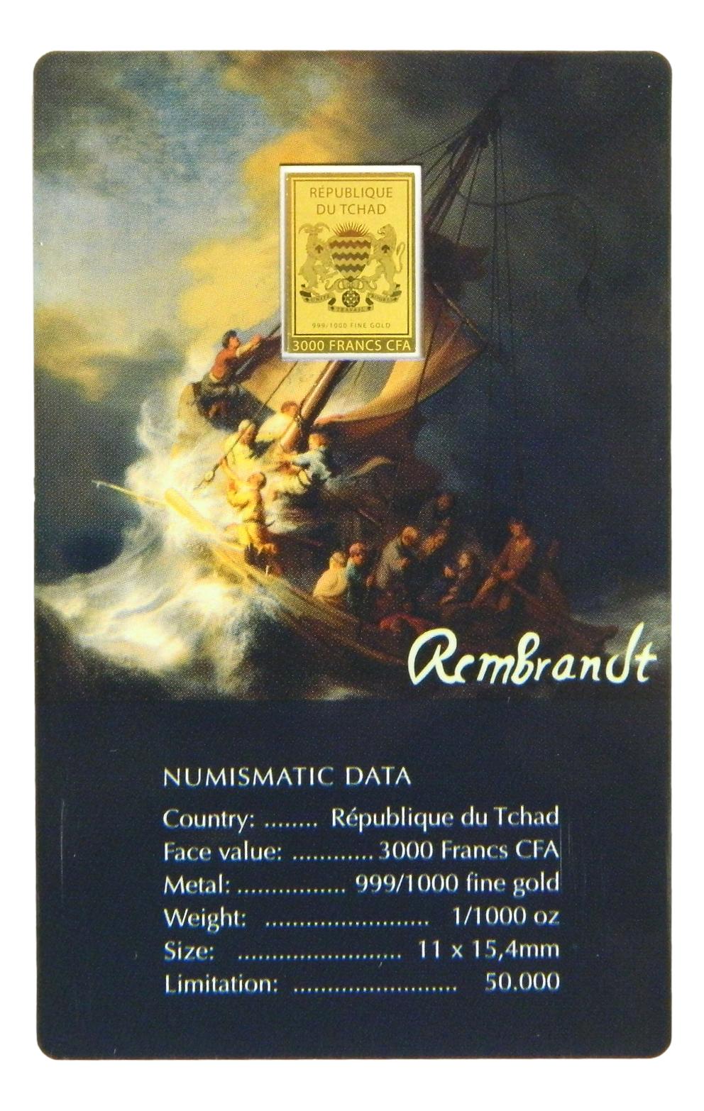 LA TORMENTA EN EL MAR DE GALILEA - REMBRANDT - MONEDA DE ORO 999/1000 - 3000 FRANCS CFA - COINCARD