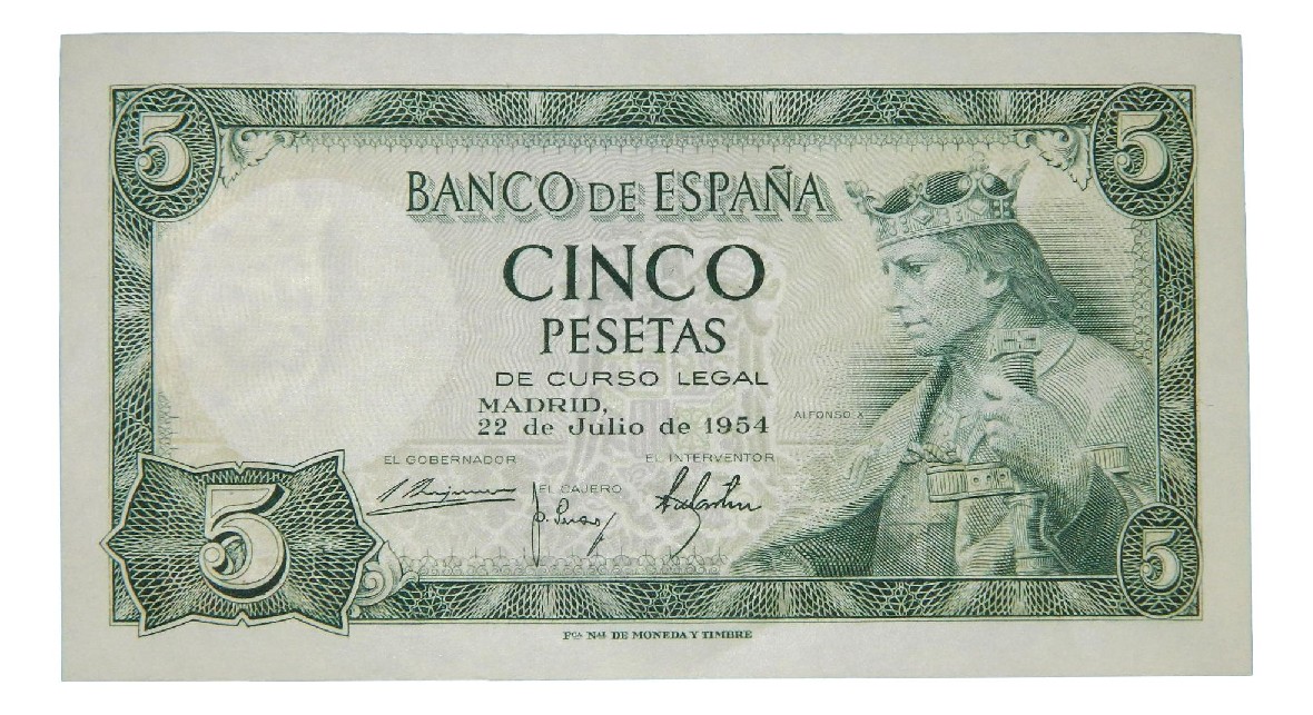1954 - ESPAÑA - BILLETE - 5 PESETAS - ALFONSO X - SIN SERIE - SC
