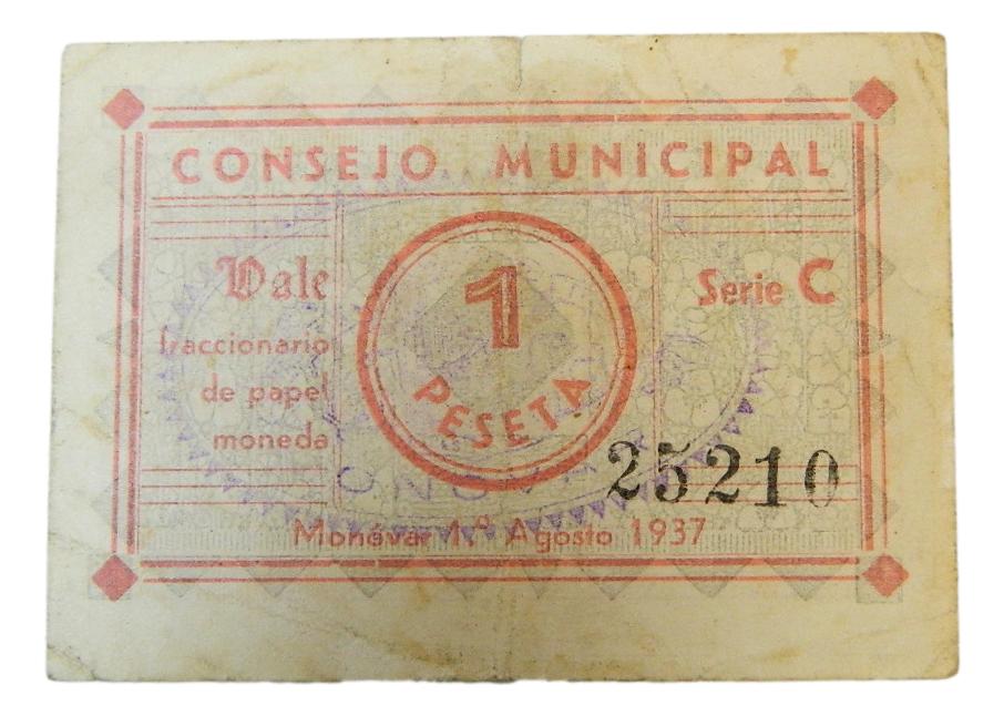 MONOVAR - BILLETE - 1 PESETA - AGB 939 C - 1 AGOSTO 1937- MBC+