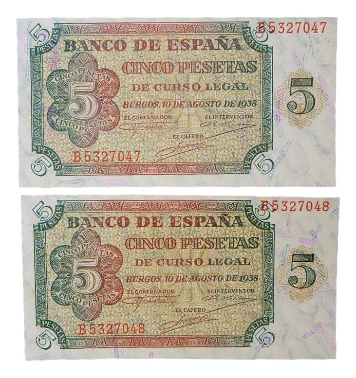 1938 - ESPAÑA - PAREJA BILLETES - 5 PESETAS - BURGOS - SC