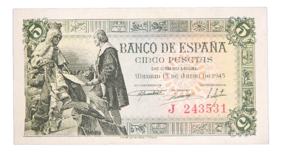 1945 - ESPAÑA - BILLETE - 5 PESETAS - SERIE J - SC