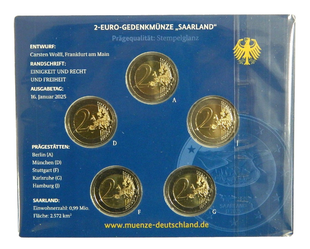 2025 - ALEMANIA - 5 CECAS - EUROSET - ESTADO DE SARRE - BLISTER