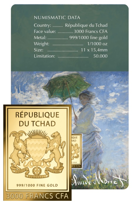 EL PASEO - CLAUDE MONET -  MONEDA DE ORO FINO - 1/1000 OZ - 3000 FRANCS CFA - TCHAD - COINCARD