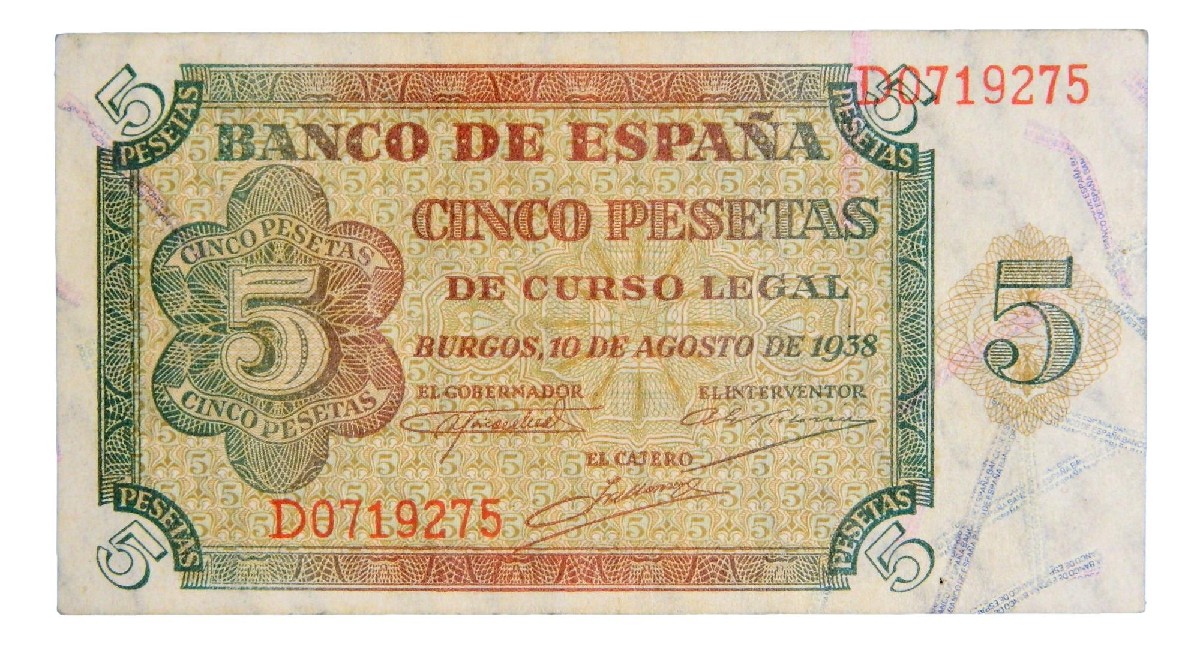 1938 - ESPAÑA - BILLETE - 5 PESETAS - BURGOS - MBC